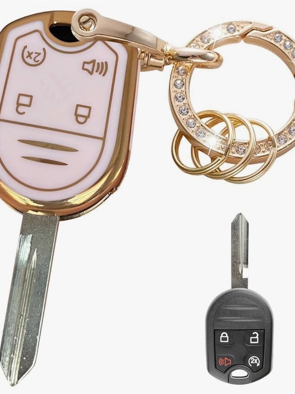 2 Gold,Pink and Black, Key Fob Remote Keychain - Fashionable Car Key Accessory